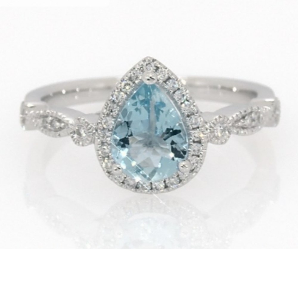 14k White Gold Pear Shape Aquamarine Ring, size 6.5, .25ctw rounds, I Color.